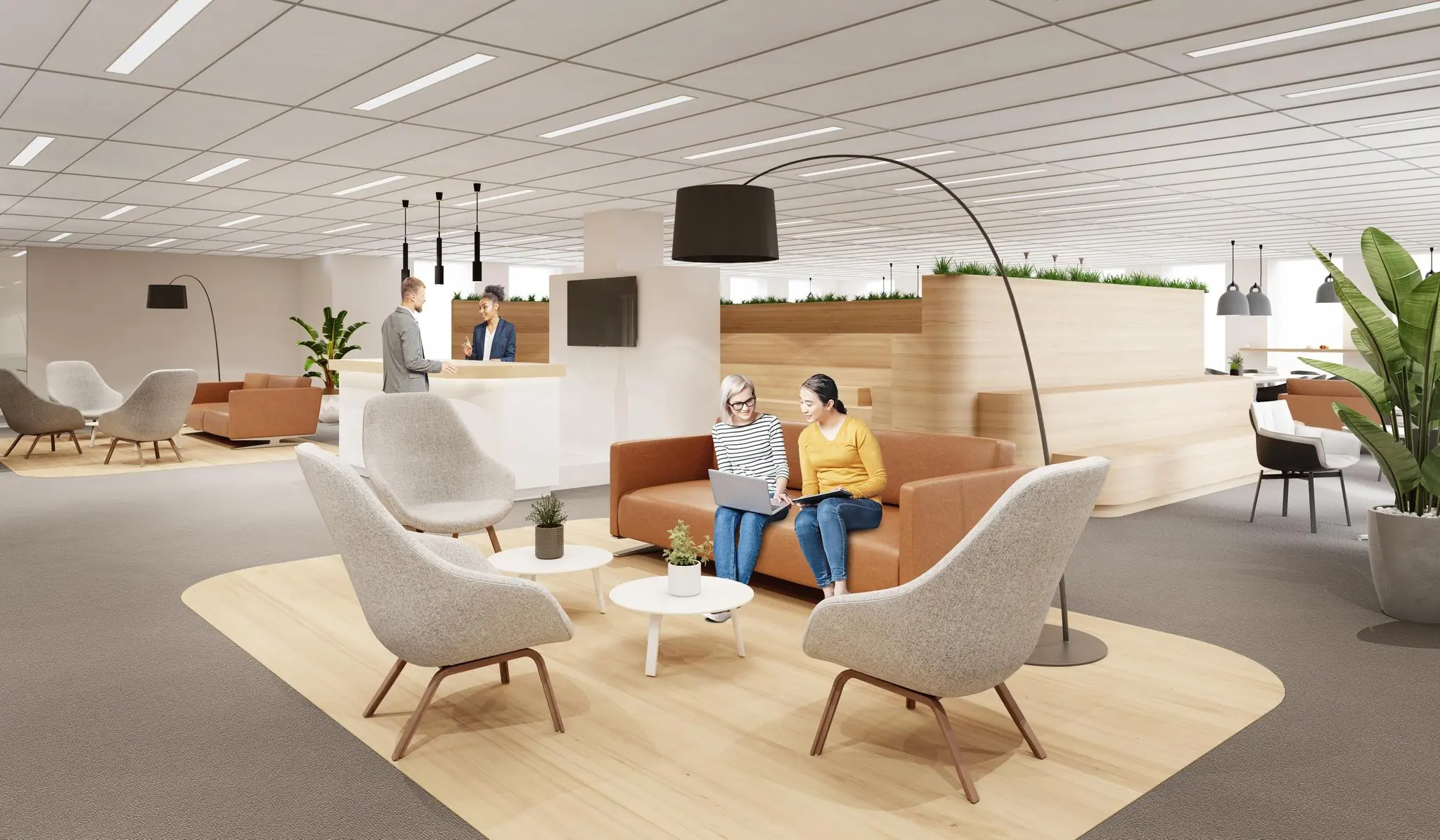 Moderne en open kantoorruimte aan de Fascinatio Boulevard met zitgedeelte, balie en mensen in gesprek en aan het werk.